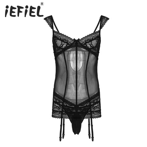 Mens Erotic Sheer Mesh Floral Lace Garter Mini Dress With G String Thong Sexy Sissy Lingerie Set