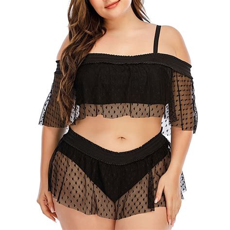 Plus Size Off Shoulder Women S Bikini Two Piece Push Up Ruffle Swimsuit Sexy Mesh Biquini High