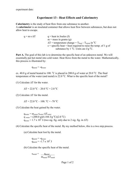 Heat Effects And Calorimetry Sample Calculations