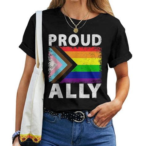 Vintage Pride Month Rainbow Color Lgbtq Flag Proud Ally Women T Shirt Mazezy