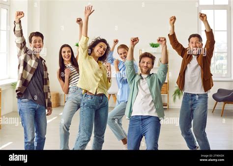 group  excited happy people friends students  colleagues  fun