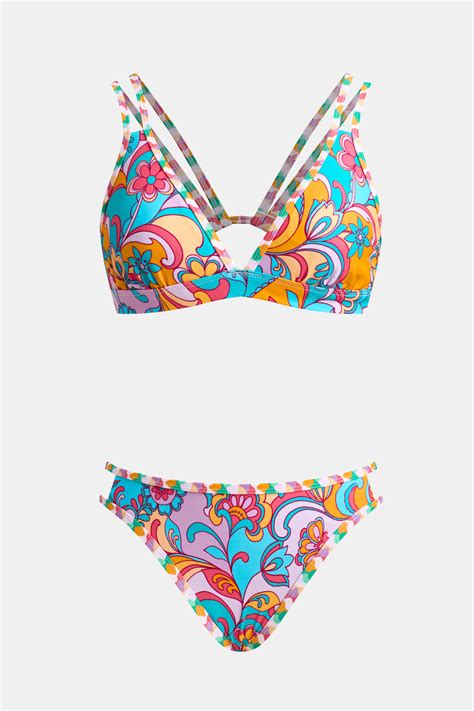 Boho Wavy Striped Strappy V Neck Top Cutout Bikini Set