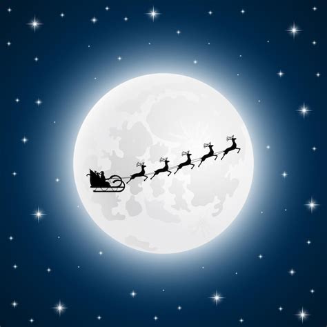 Premium Vector Santa Claus Goes To Sled Reindeer In The Background Of The Moon At Night Vector