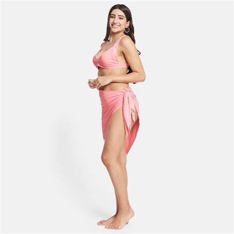 Buy Secrets By Zerokaata Women Ribbed V Neck Beach Wear Swim Bikini Set With Sarong Online