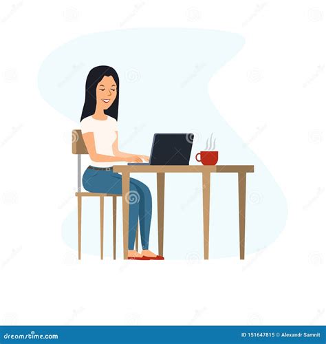 Young Happy Woman Sitting At The Table And Working On A Laptop Stock