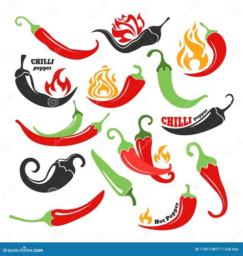 Hot Chilli Pepper In Fire Vector Illustration Set Chili In Flame