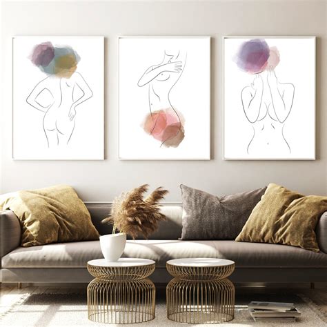 Set Of Watercolor Nude Line Wall Decor Printable Female Nude Wall Art Minimalist Woman Line