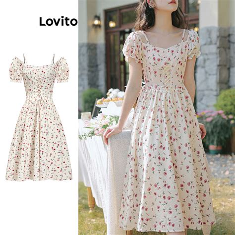 Lovito Women Boho Ditsy Floral Pattern Lace Up Dress L87ED194 Shopee