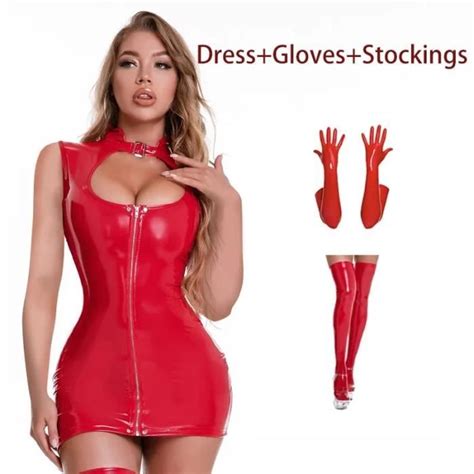AIIOU Robe en cuir PVC Wetlook pour femmes mini robe Danse etée lingerie porno sous vêtements en