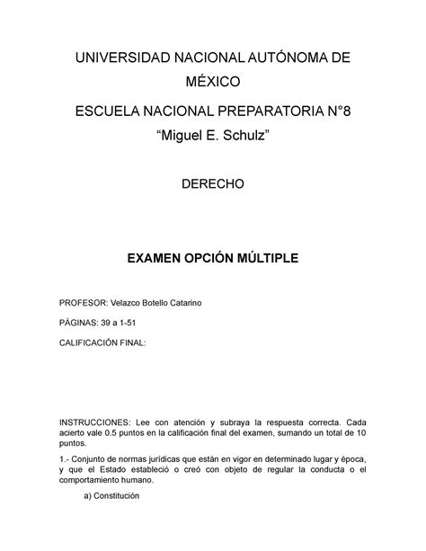 Examen opción multiple UNIVERSIDAD NACIONAL AUTÓNOMA DE MÉXICO