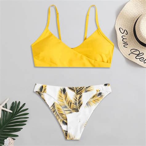 Baodmurt Women S Random Floral Print Padded Bikini Swimsuit Set Yellow S Xl Walmart
