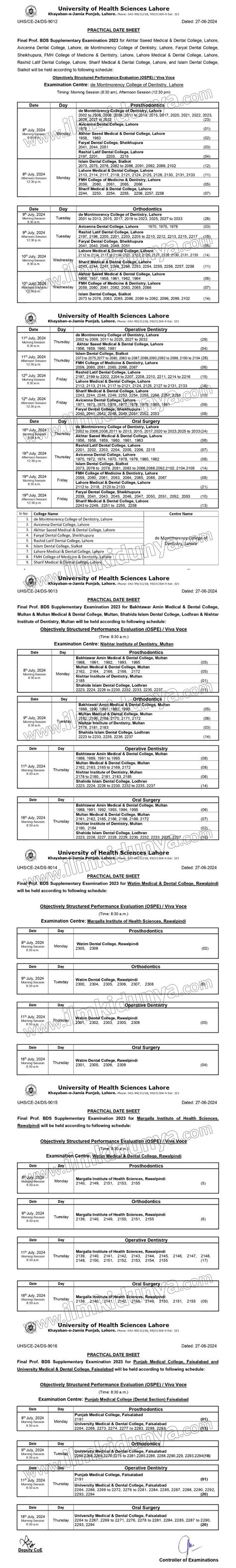 University Of Health Sciences Date Sheets 2024 Of Bds