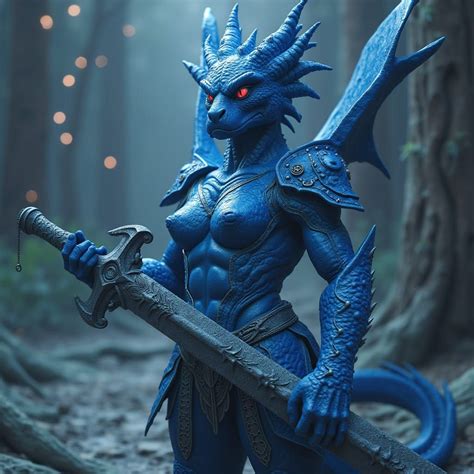 Muscular Blue Dragonborn Wields Greatsword In Hero Ai Art