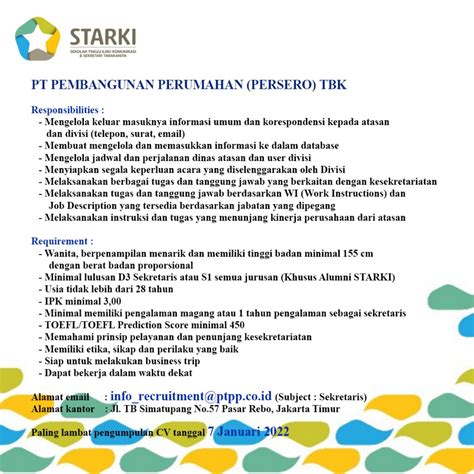 Lowongan Kerja PT Pembangunan Perumahan Tbk STARKI Sekolah