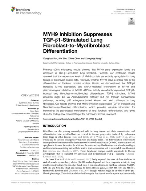 PDF MYH9 Inhibition Suppresses TGF β1 Stimulated Lung Fibroblast to