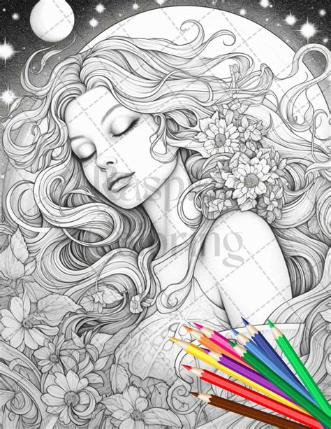 Beautiful Moon Fairies Grayscale Coloring Pages Printable For Adult