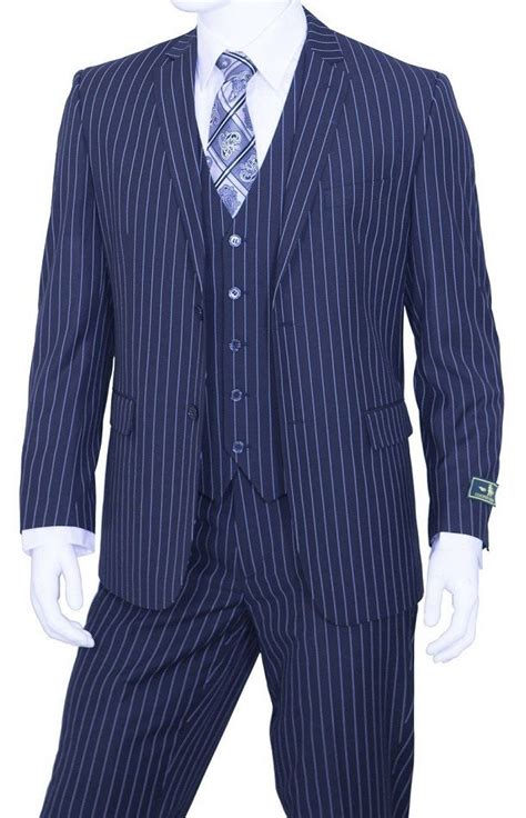 Mens Pinstripe Suit Navy Blue Piece By Vittorio T Rs Mens