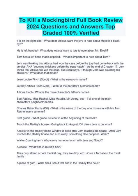 To Kill A Mockingbird Discussion Questions By Chapter With Answers 10
