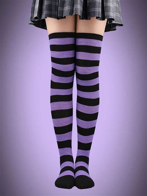 ROMWE Goth Striped Over The Knee Socks Meias até o joelho Sapatos e