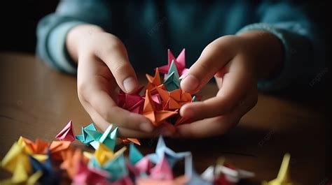 Young Child Hands Holding Some Origami Flowers Background, Children Who Do Origami Hands Of ...