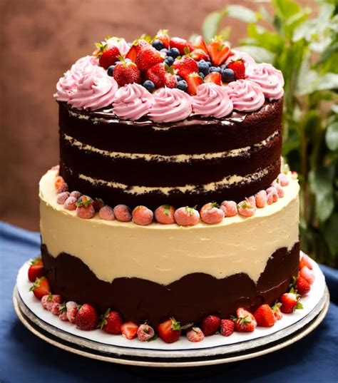 Premium Photo Photo Naked Chocolate Cake Decorated With Strawberries Raspberry Small Apples