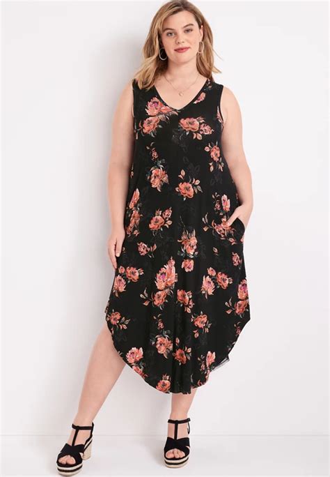 Plus Size 24 7 Black Floral V Neck Pocket Midi Dress Maurices