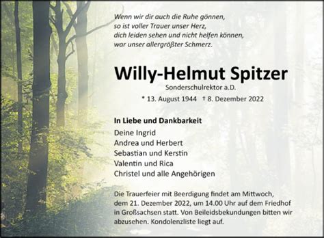 Traueranzeigen Von Willy Helmut Spitzer Trauerportal Ihrer Tageszeitung