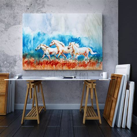 watercolor portrait of three white horses running – Merawalaprint - Animals and Birds