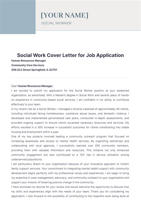 Free Social Work Cover Letter for Job Application Template to Edit Online