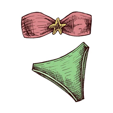 Mano Dibujado De Colores Bosquejo De Bandeau Bikini Conjunto Con Estrella De Mar Detalle En