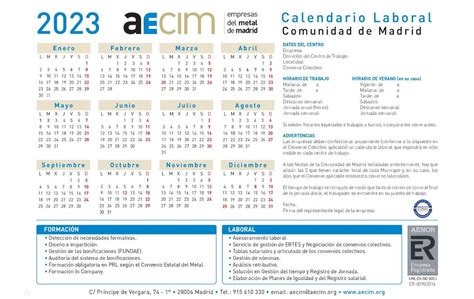 Calendario laboral 2023 de la Comunidad de Madrid AECIM Asociación