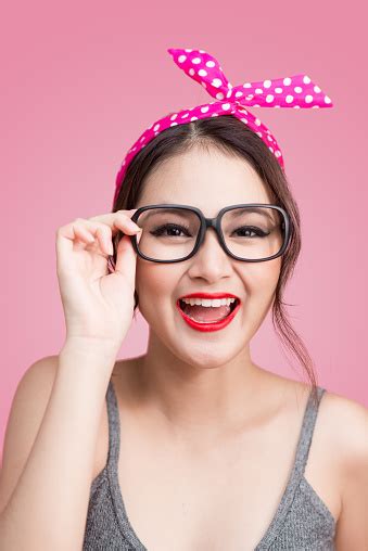 Surprised Asian Girl With Pretty Smile In Pinup Makeup Style Stock