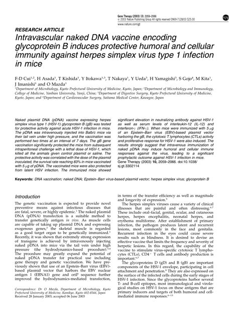 PDF Intravascular Naked DNA Vaccine Encoding Glycoprotein B Induces Protective Humoral And