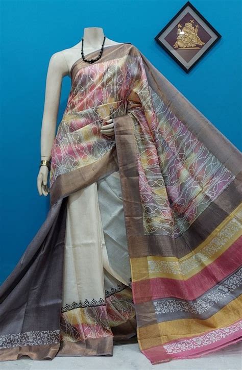 Printed Zari Border Tussar Silk Saree Block Print M At Rs In