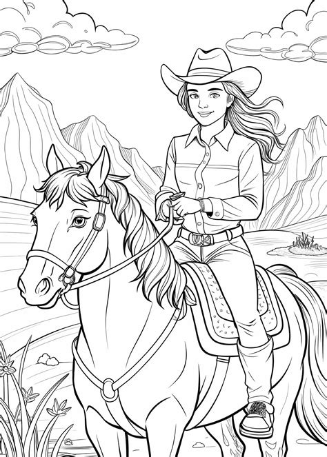 Cowgirl Riding A Horse Coloring Page Premium Ai Generated Image