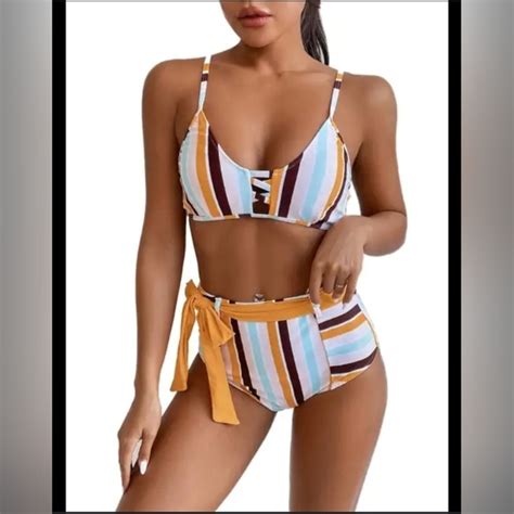 Swim Modihito Yellow Striped High Waisted Piece Bikini Swimsuit Xlarge Poshmark