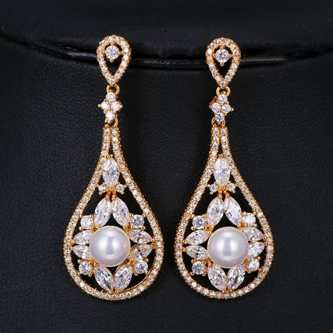 J Store Double Pearl Dangle Drop Earrings For Women Aaa Cubic Zirconia