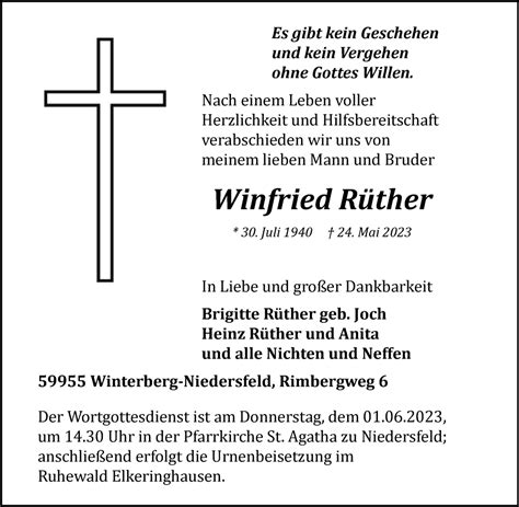 Traueranzeigen von Winfried Rüther Trauer in NRW de