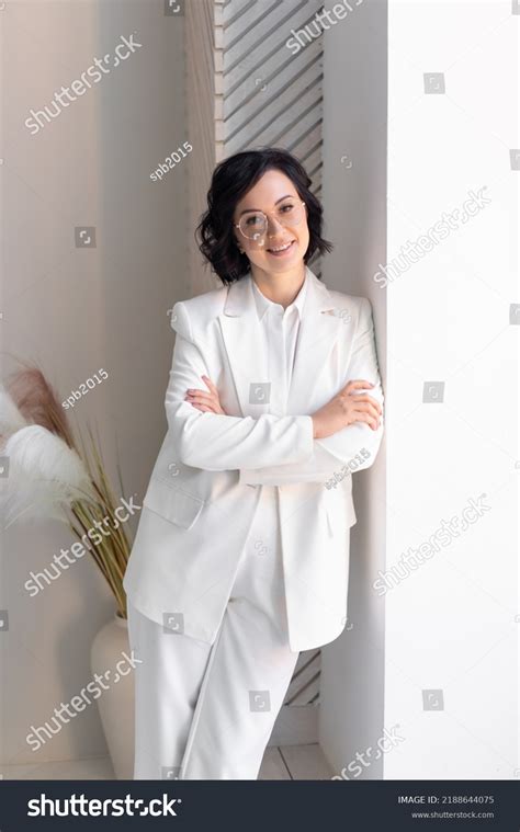 Cheerful Cute Middleaged Brunette White Suit Stock Photo Shutterstock