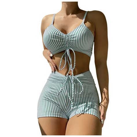 CAIVO Women 2PCS Vintage Swimwear Vintage Pleated High Waisted Bikini With Bottom Boho Beach