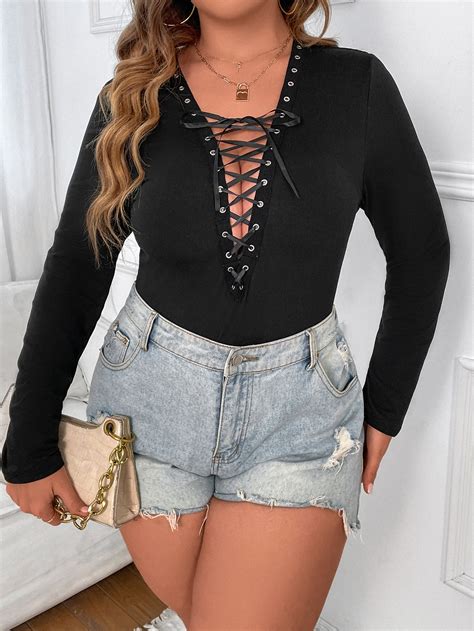 SHEIN Essnce Plus Grommet Lace Up Front Bodysuit SHEIN USA