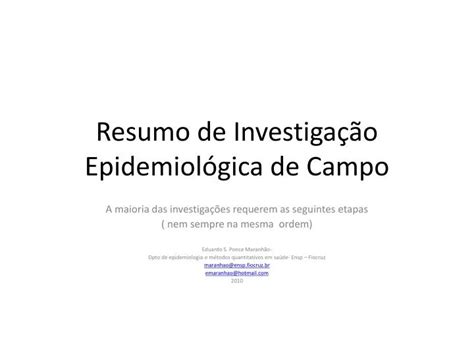 PPT Resumo de Investigação Epidemiológica de Campo PowerPoint