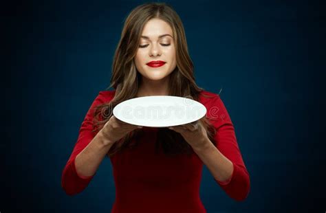 Smiling Young Woman Holding Empty White Plate Stock Image Image Of