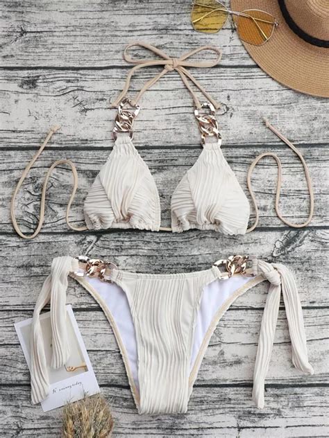 Sexy Metal Rings Halter Wrinkled Bikini Female Swimsuit Women Swimwear Two Pieces Bikini Set