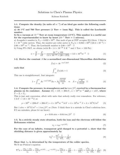 Solutions to Chen's Plasma Physics