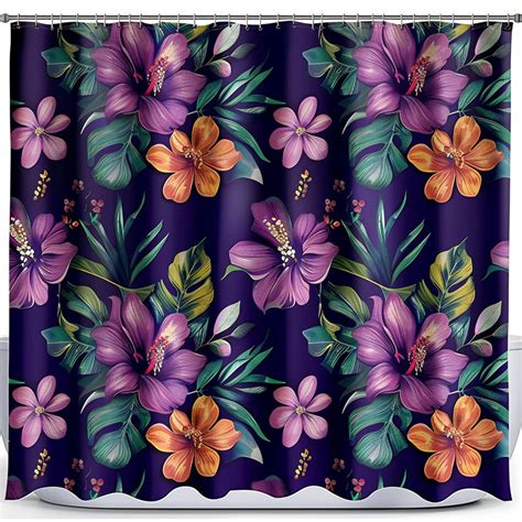 Exotic Tropical Floral Shower Curtain Dark Purple Background Nature