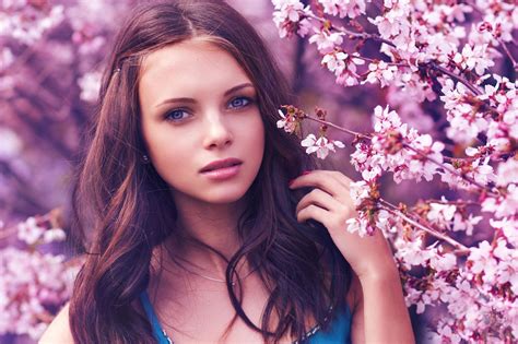 Face Model Women Brunette Blue Eyes Cherry Blossom Wallpaper