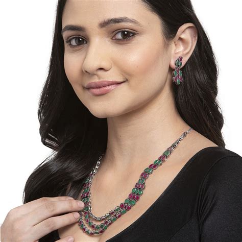 PANASH Pink Green Silver Plated Stone Studded Oxidised Jewellery Set