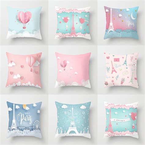 Eiffel Tower Hot Air Balloon Pillowcase With Zip 4545cm Square Pillowcase Peachskin Fabric Sofa