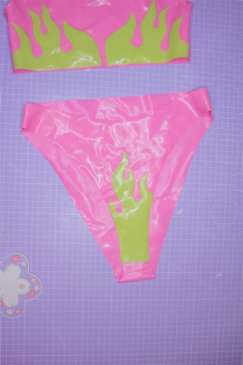 Neon Flame Latex Bikini Set Bikini Halloween Zombie Utility Etsy